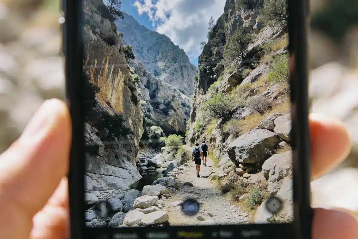Personne tenant un téléphone photographiant deux randonneurs dans un canyon rocheux sous ciel bleu et nuageux.