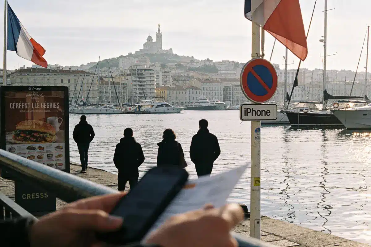 Quatre personnes face au port, bateau, affiche publicitaire, panneau d’interdiction, drapeau français, colline avec basilique.