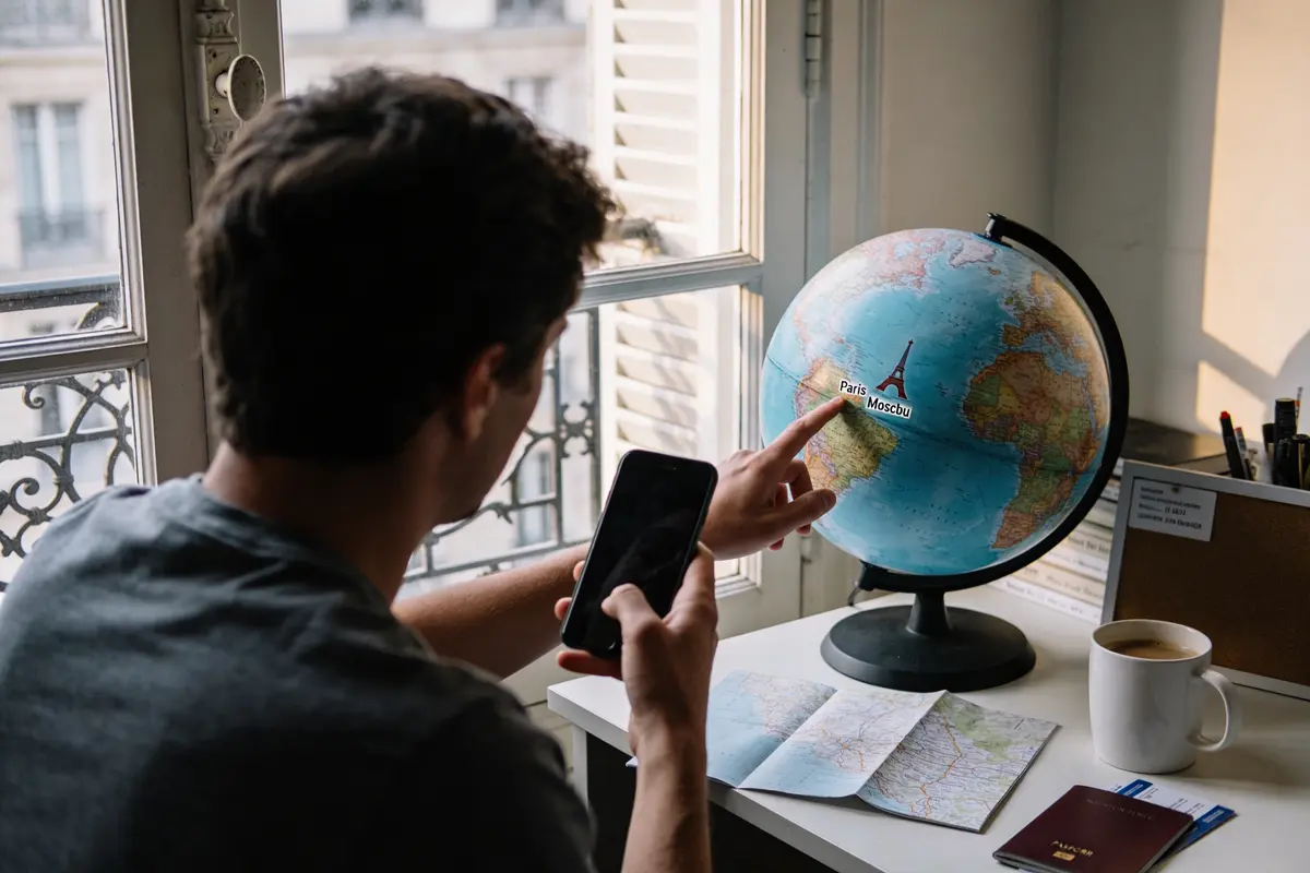 Homme pointant globe terrestre, utilisant smartphone, planification voyage. Carte, passeport et café sur bureau.