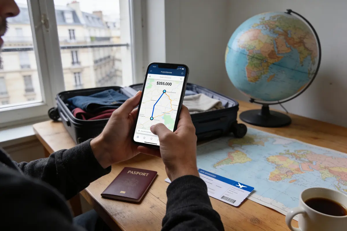 Homme utilisant smartphone devant valise ouverte, passeport, globe, carte du monde et billet d'avion sur table.