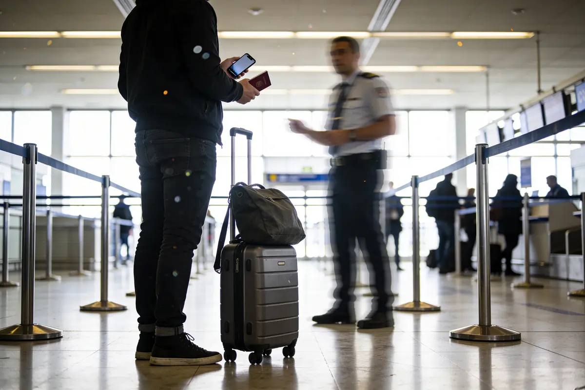 Personne avec valise et passeport attend contrôle de sécurité à l'aéroport, agent flou en arrière-plan.