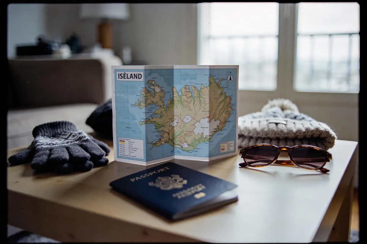Carte d'Islande, gants, passeport, lunettes de soleil et bonnet sur une table à côté d'une fenêtre.