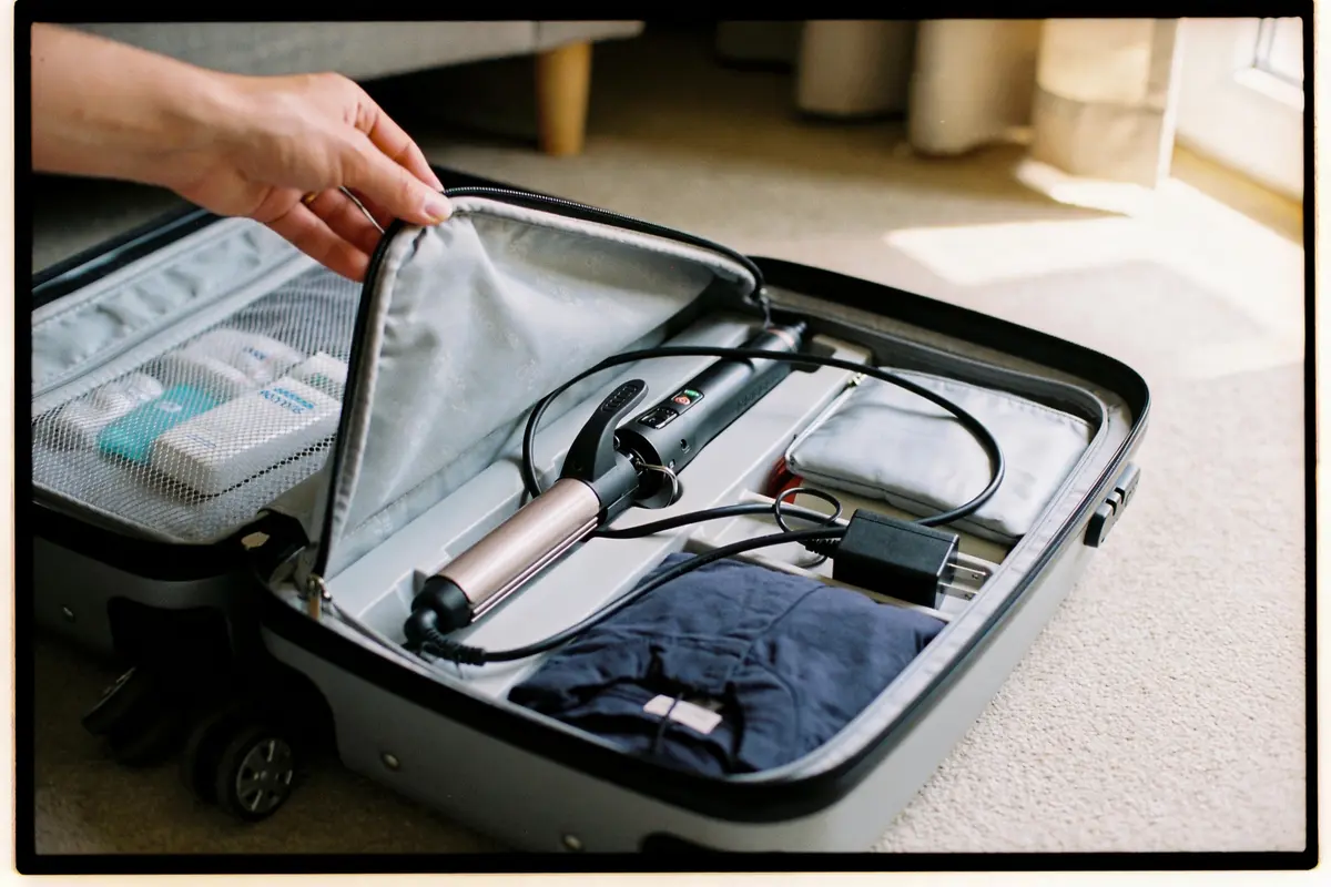 Valise ouverte avec vêtements, fer à friser, chargeur, trousse de toilette et main tenant le rabat.