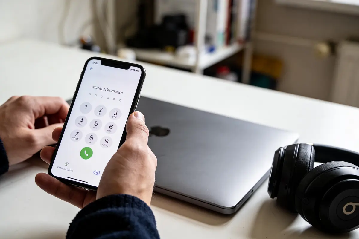 Personne tenant un smartphone avec un écran de numérotation, près d'un ordinateur portable et d'un casque sur une table.