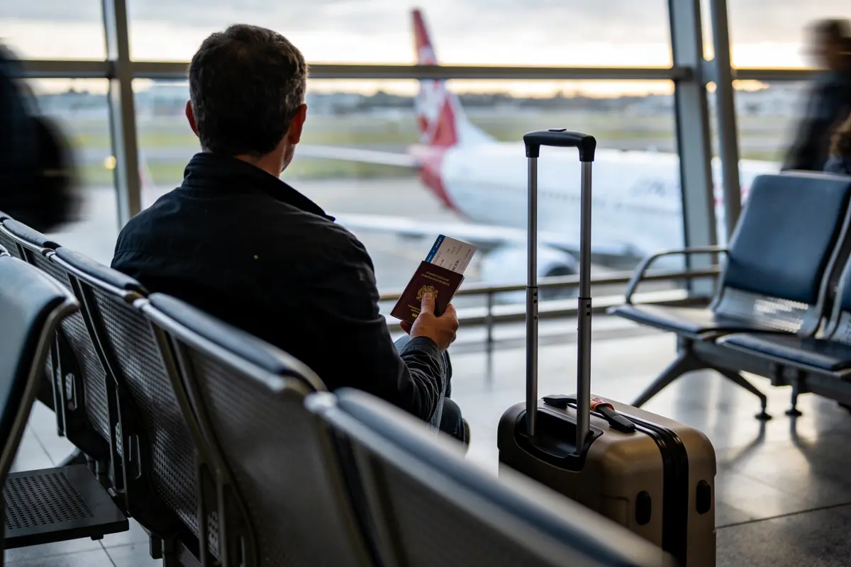 Homme assis dans une salle d’attente d’aéroport avec passeport, valise à ses côtés, avion visible.