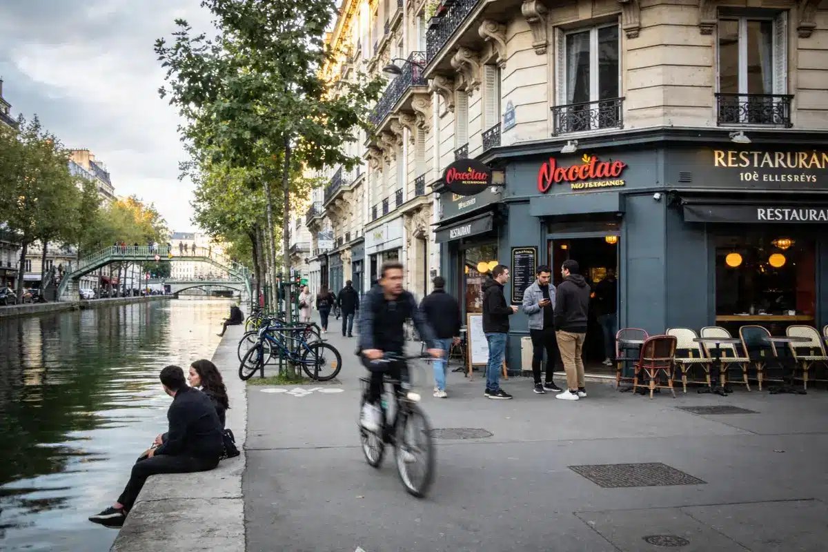 Rivière avec ponts, cycliste, piétons, couple assis, vélos garés, restaurant historique et bâtiments parisiens en arrière-plan.