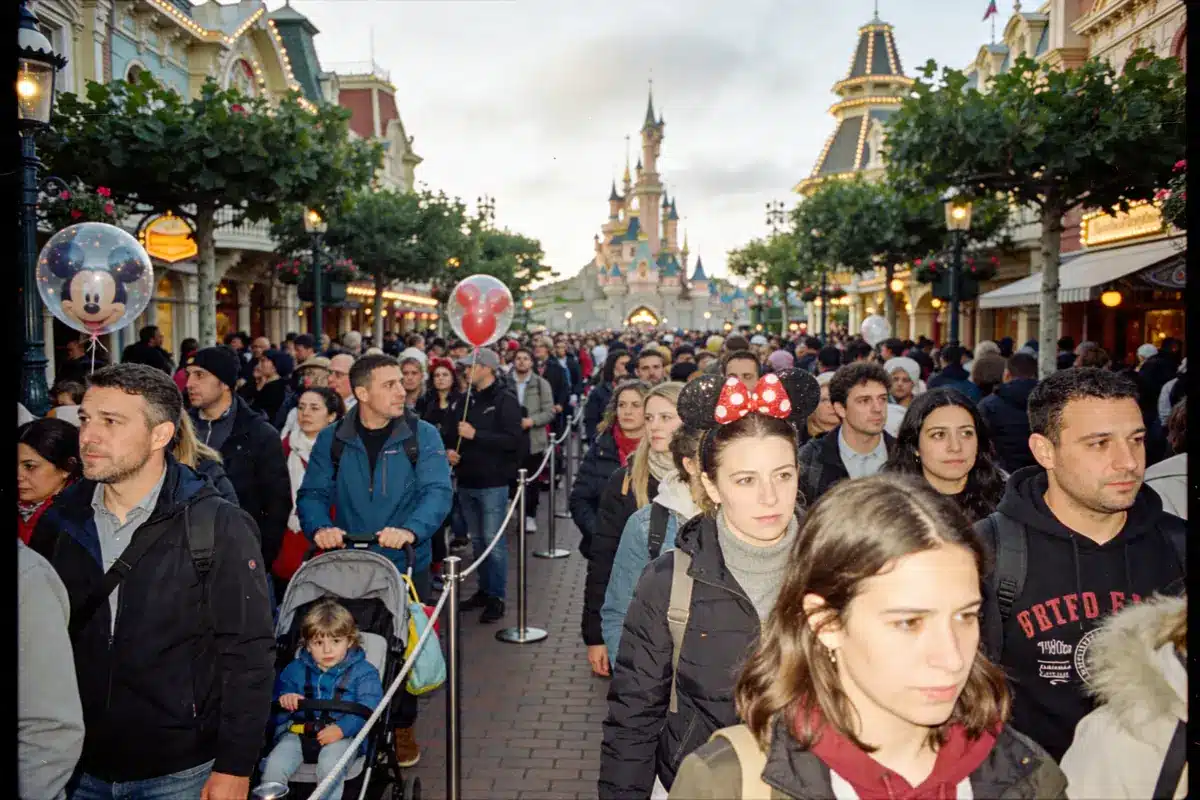Foule de visiteurs à Disneyland, marchant vers le château, certains avec ballons et oreilles de Minnie.
