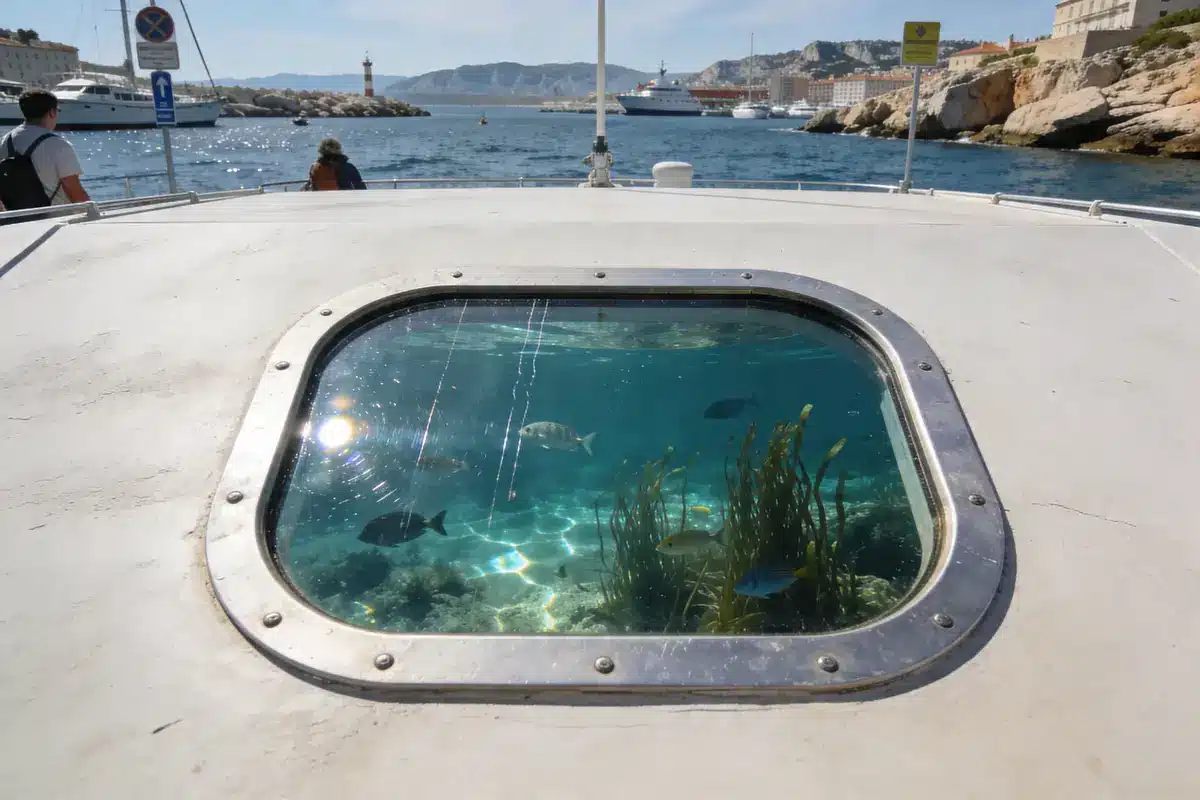 Hublot de bateau dévoilant poissons et algues sous-marins, voiliers et montagnes en arrière-plan.