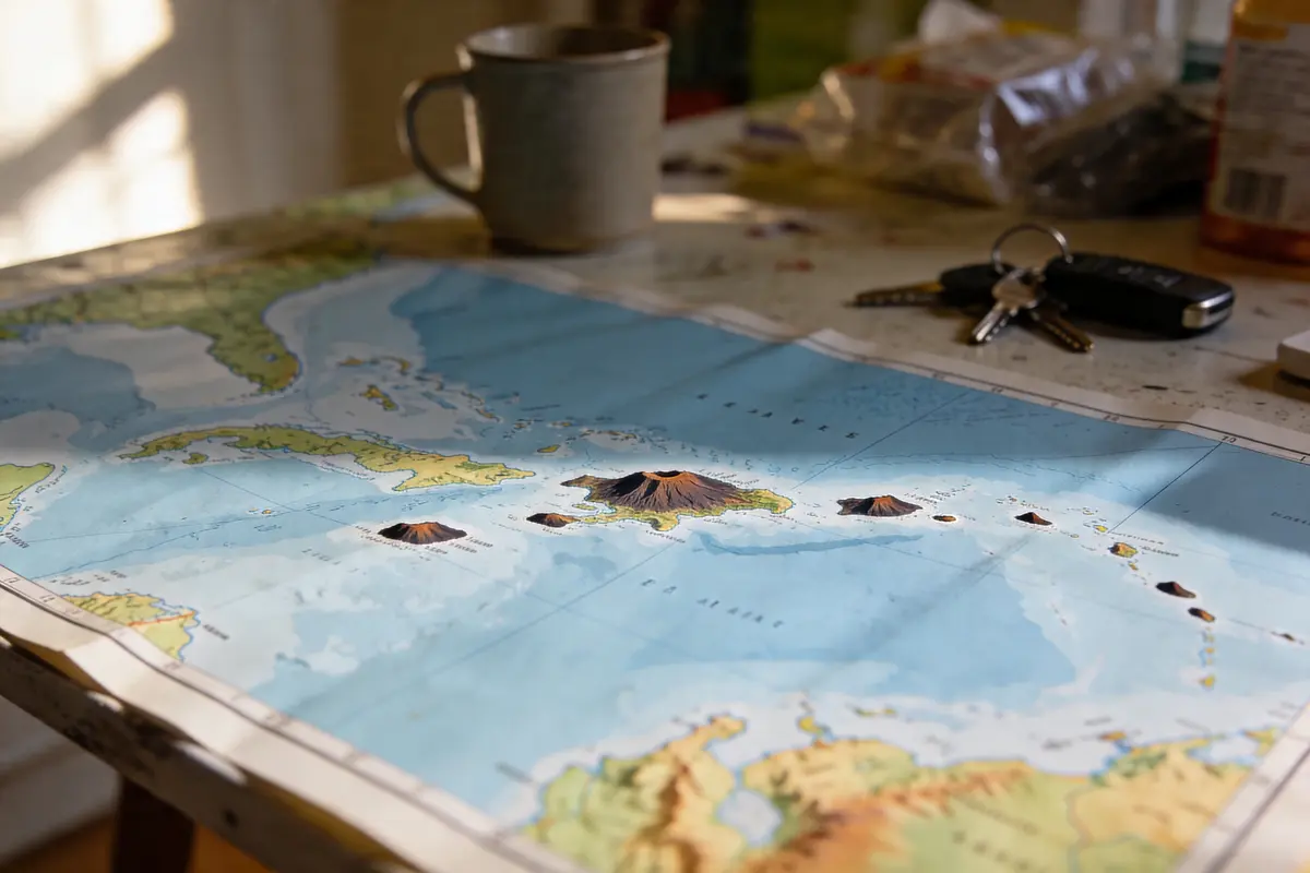 Carte géographique sur table avec tasse, clés et divers objets à proximité.