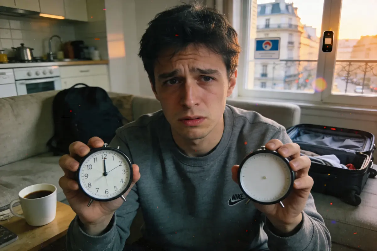 Homme tenant un réveil démonté, expression inquiète, appartement avec valise, cuisine et vue sur immeubles au crépuscule.