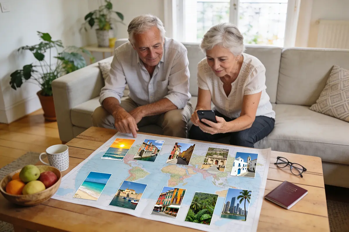 Un couple regarde des photos de voyage sur une carte, utilisant un smartphone. Fruits et lunettes sur table.