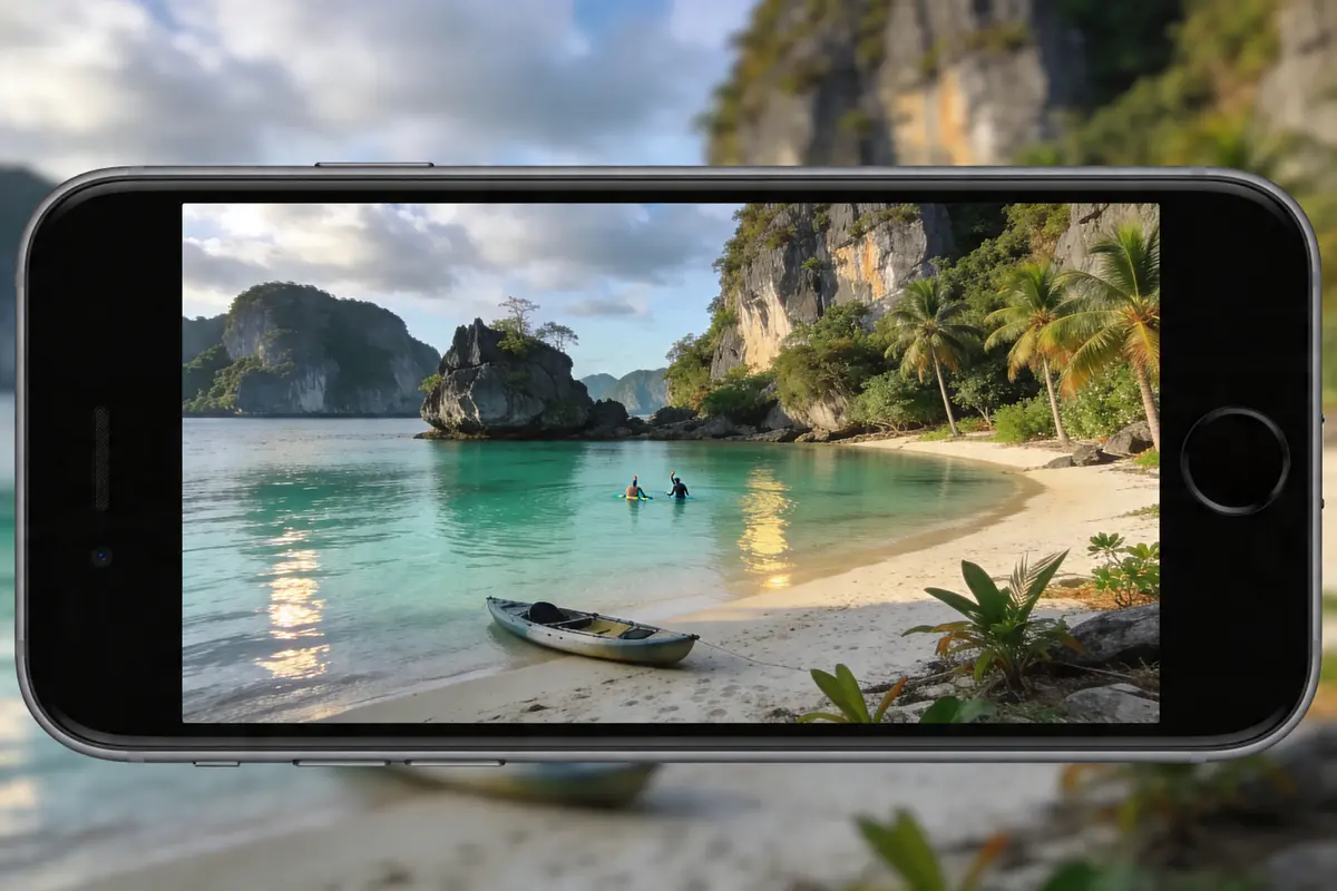 Photographie de plage tropicale affichée sur un smartphone, avec kayak et palmiers à l'arrière-plan.
