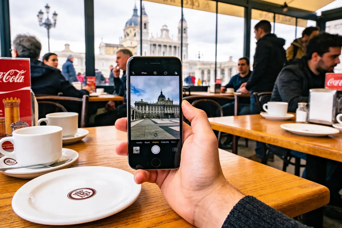 Téléphone montrant photos de bâtiments historiques, tenu par une main, avec café en arrière-plan sur table.