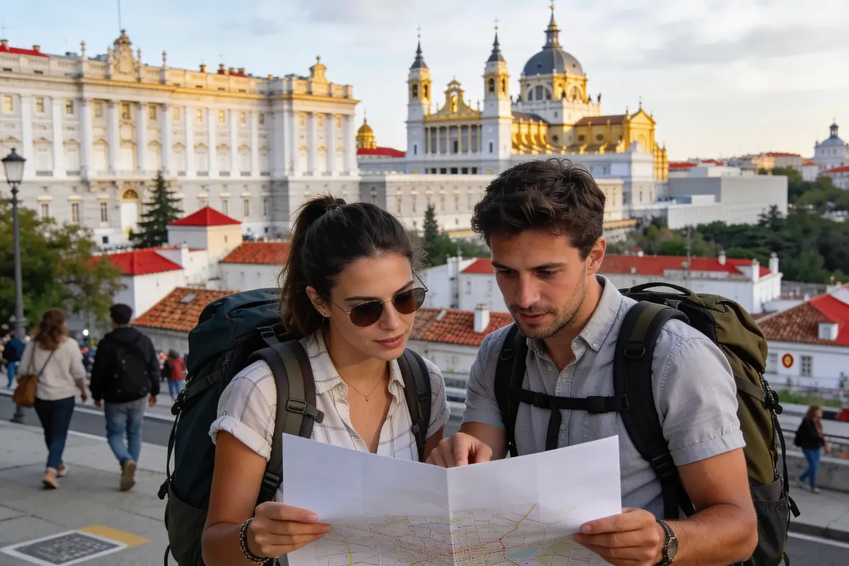 Deux personnes avec des sacs à dos regardent une carte devant un palais et une cathédrale.