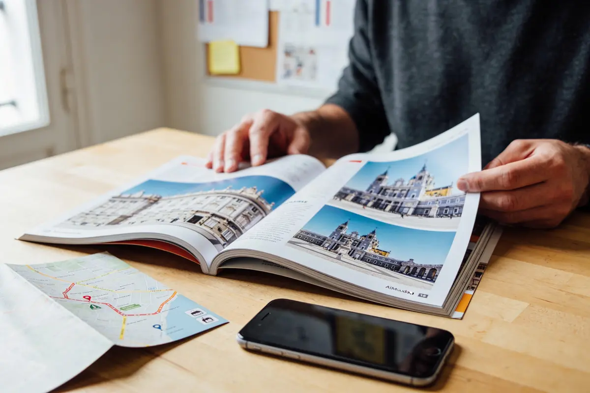 Personne feuilletant un magazine de voyage sur des monuments, carte et smartphone sur une table en bois.