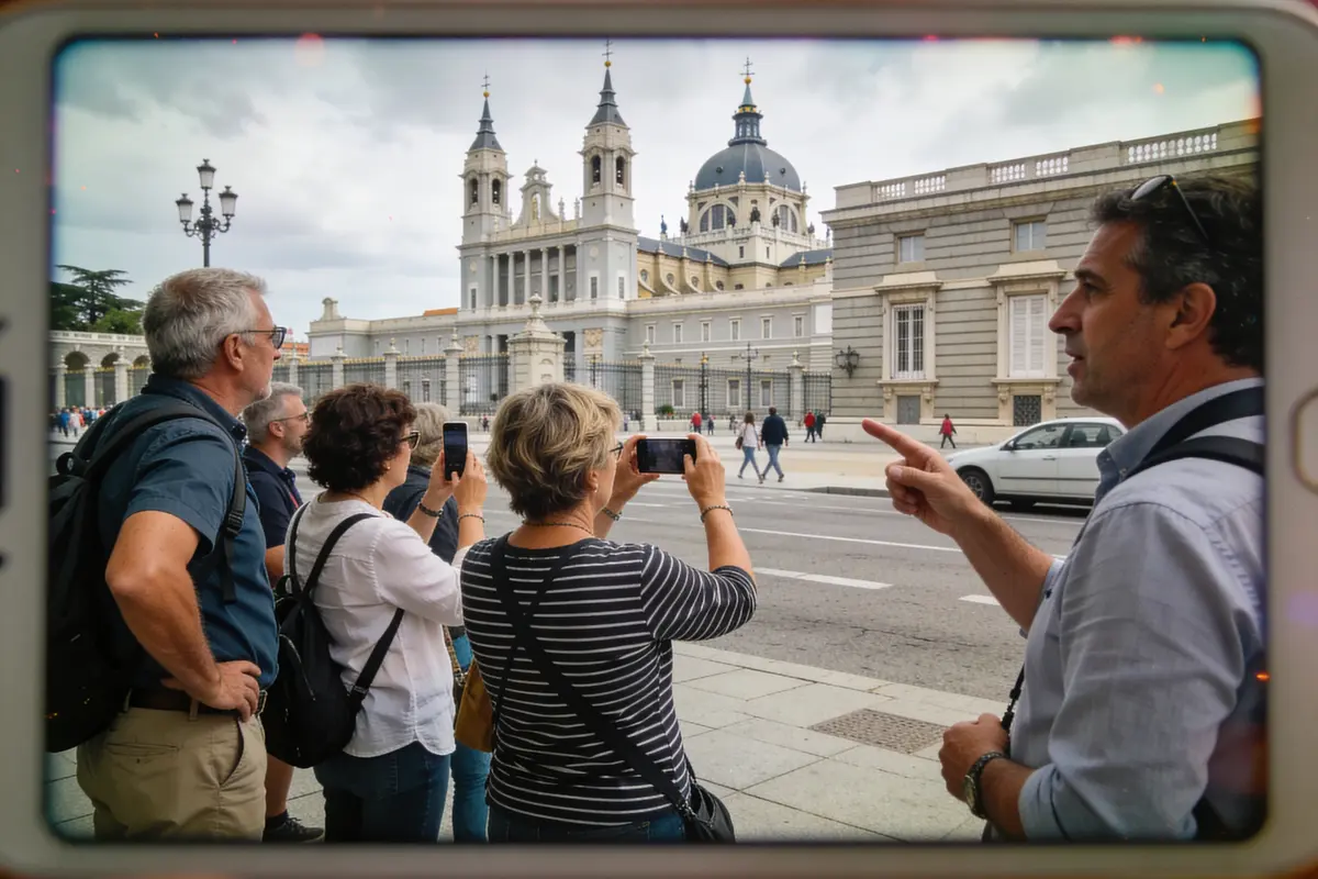 Des touristes photographient la cathédrale Almudena à Madrid, guide pointant le bâtiment.