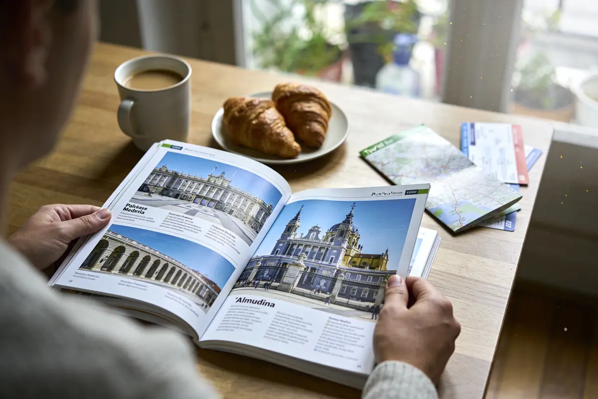 Personne lisant un guide de voyage avec café, croissants et cartes sur une table en bois.
