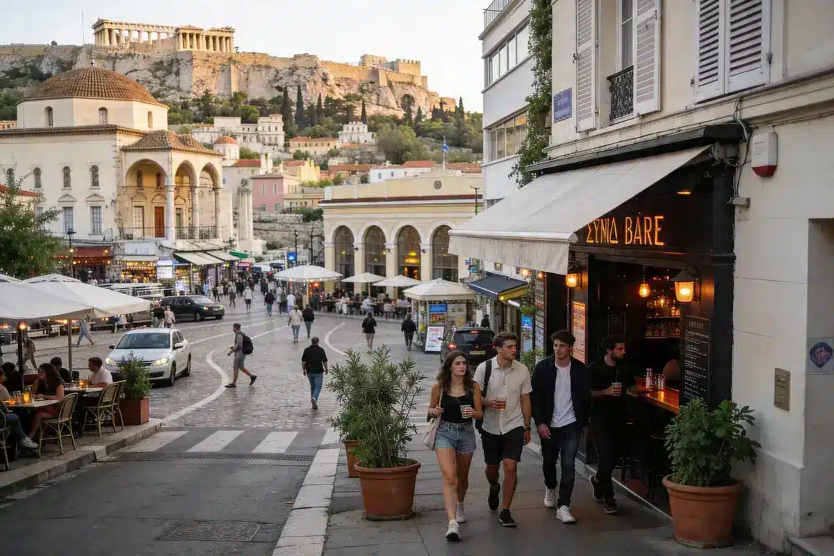 Des passants marchent dans une rue d'Athènes, avec l'Acropole visible en arrière-plan.