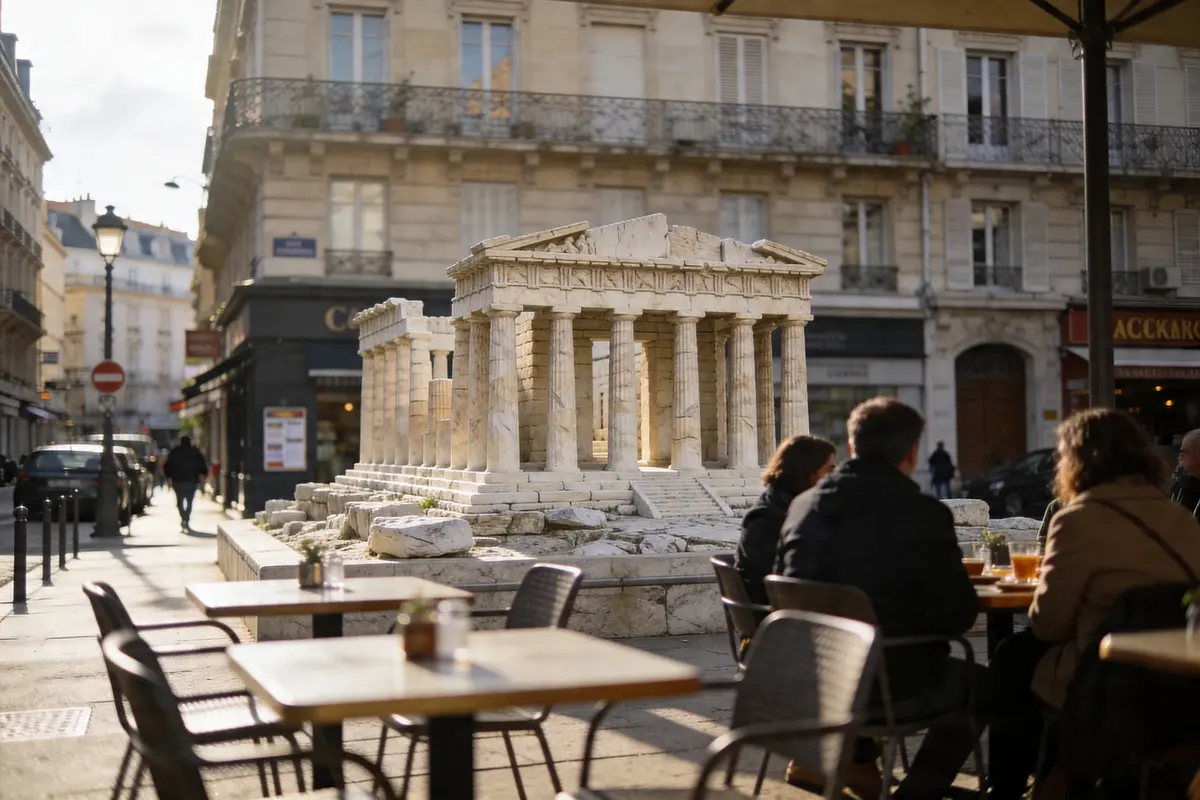 Table de restaurant avec plats méditerranéens, boissons, personnes marchant dans une rue pittoresque.