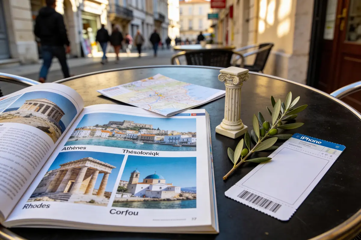Livre ouvert sur la Grèce, plan, colonne miniature, et branche d'olivier sur table extérieure terrasse.
